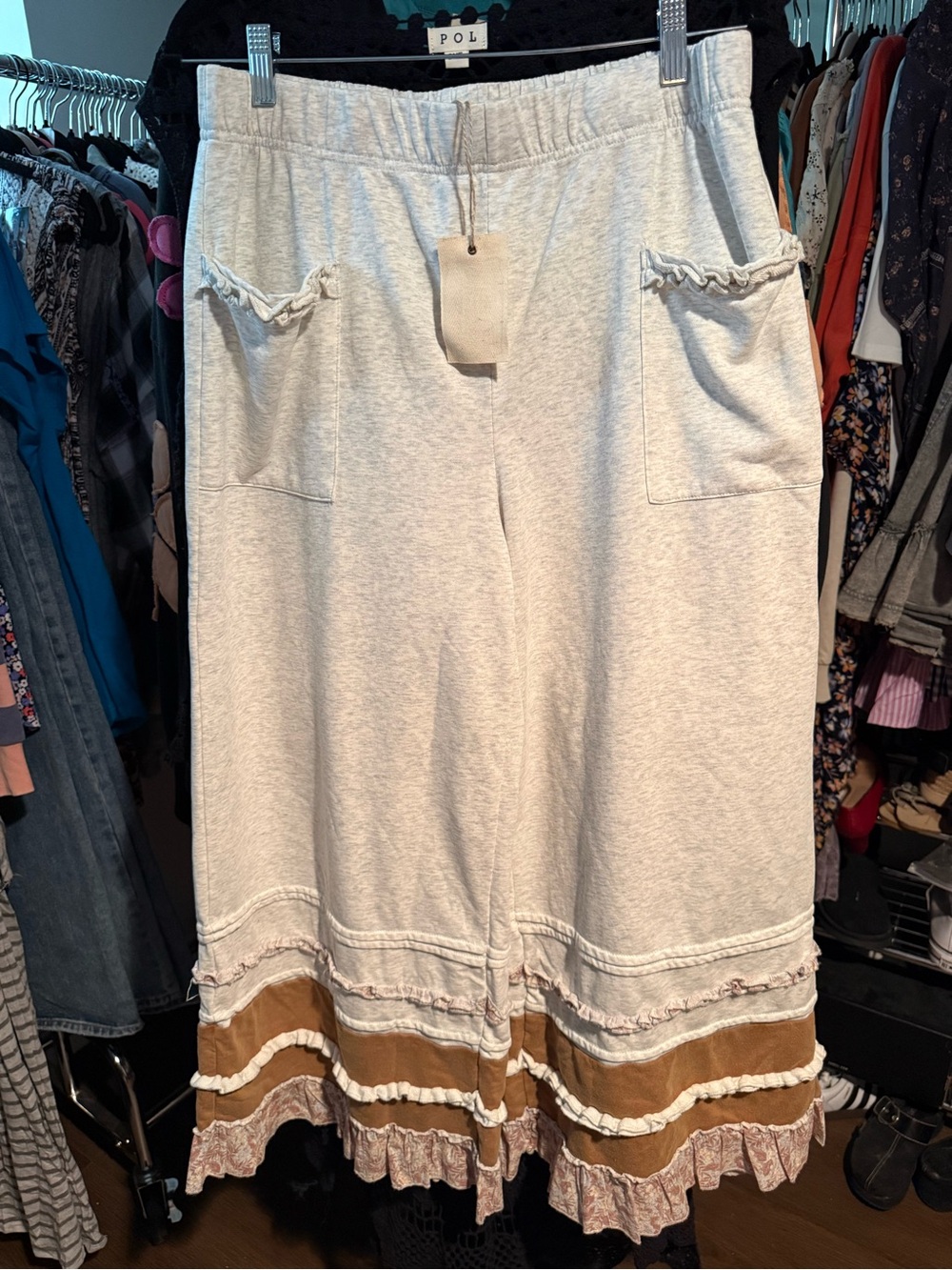 Easel Cream Pants with Brown Tiered Bands and Ruffle Hem
